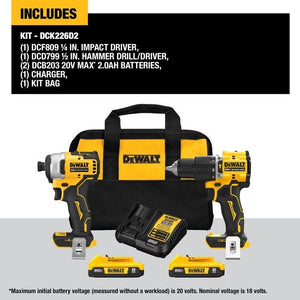 DEWALT DCK226D2 20V MAX ATOMIC Lithium - Ion Compact 1/2 - inch Hammer Drill and Impact - Mississauga Hardware Centre Inc