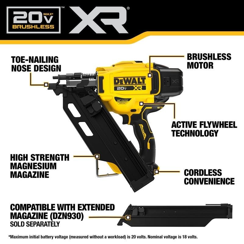 DEWALT DCN930B 20V MAX Brushless Cordless 30 degree Paper Tape Framing Nailer - Bare Tool - Mississauga Hardware Centre Inc