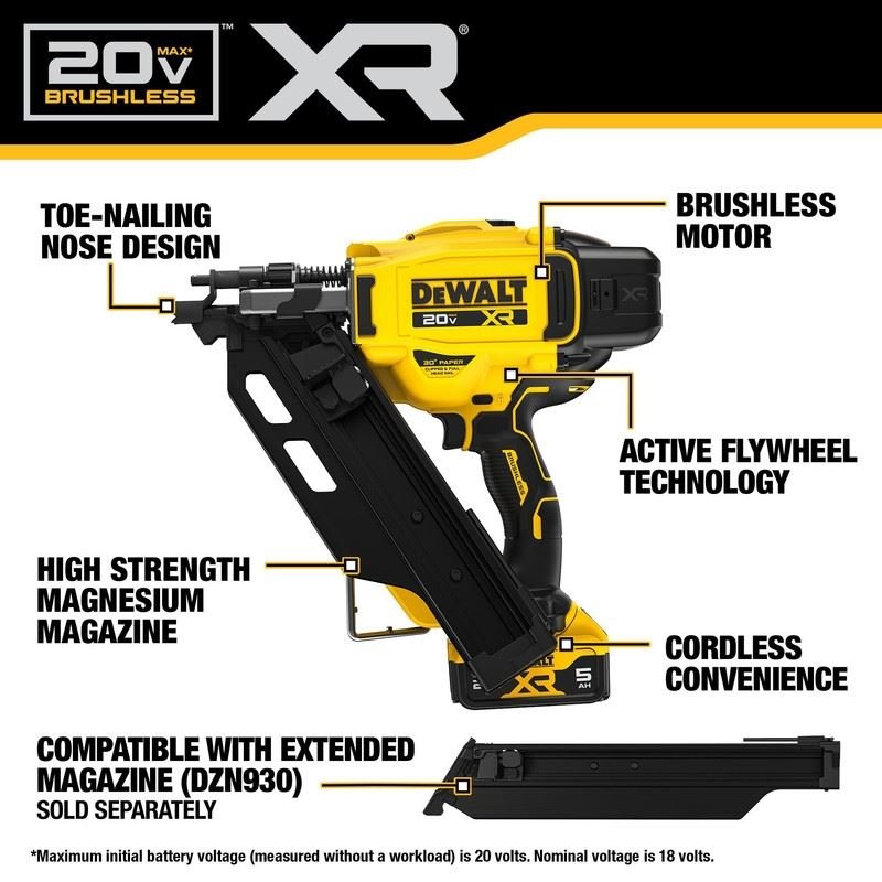DEWALT DCN930P1 20V MAX Brushless Cordless 30 degree Paper Tape Framing Nailer Kit - Mississauga Hardware Centre Inc