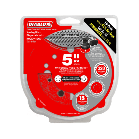 DIABLO DCD050320H15G 5" 320 - Grit Hook & Lock™ ROS Sanding Discs (15 - pk) - Mississauga Hardware Centre Inc