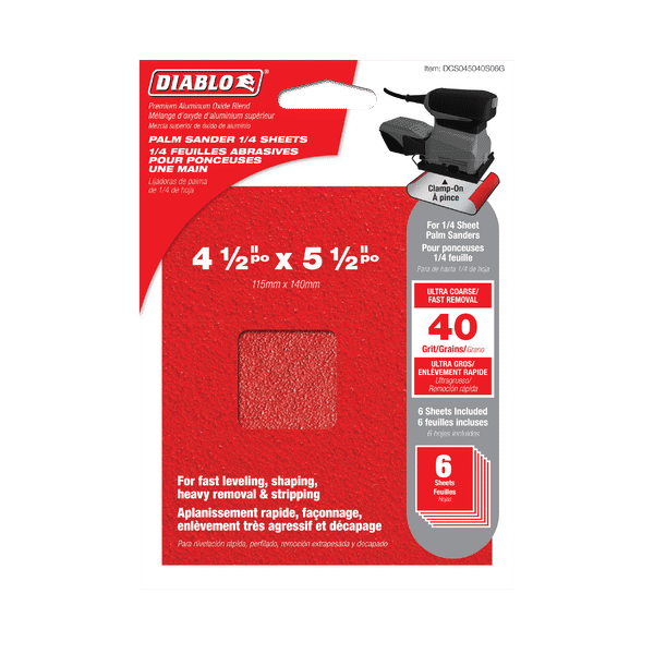 DIABLO DCS045040S06G 4 - 1/2" x 5 - 1/2" 40 - Grit Palm Sander 1/4 Sanding Sheets (6 - pk) - Mississauga Hardware Centre Inc