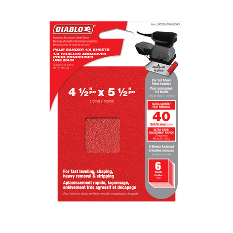 DIABLO DCS045040S06G 4 - 1/2" x 5 - 1/2" 40 - Grit Palm Sander 1/4 Sanding Sheets (6 - pk) - Mississauga Hardware Centre Inc