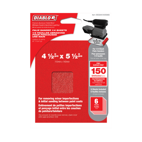 DIABLO DCS045150S06G 4 - 1/2" x 5 - 1/2" 150 - Grit Palm Sander 1/4 Sanding Sheets (6 - pk) - Mississauga Hardware Centre Inc