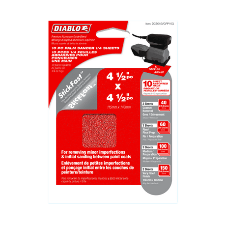 DIABLO DCS045VGPP10G 4 - 1/2" x 4 - 1/2" Assorted Palm Sander 1/4 Sheets (10 - pk) - Mississauga Hardware Centre Inc