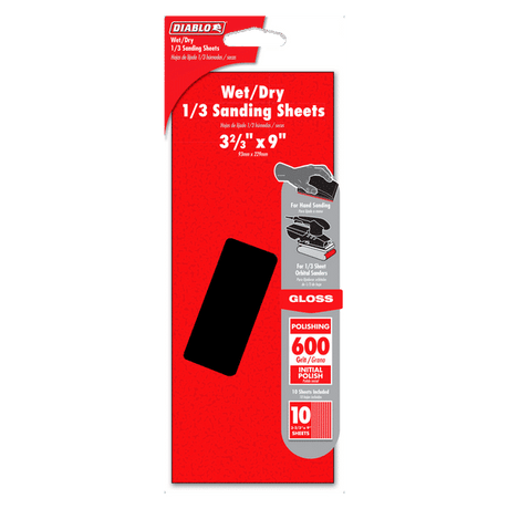DIABLO DCS323600S10W Wet/Dry 1/3 Sheet (3 - 2/3 in x 9") 600 - Grit (Polishing) Sanding Sheet (10 - pc) - Mississauga Hardware Centre Inc