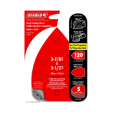 DIABLO DCTCAT120H05G 3 - 7/8" x 5 - 1/2" 120 - Grit Hook & Lock™ CAT/Mouse Detail Sanding Sheets (5 - pk) - Mississauga Hardware Centre Inc
