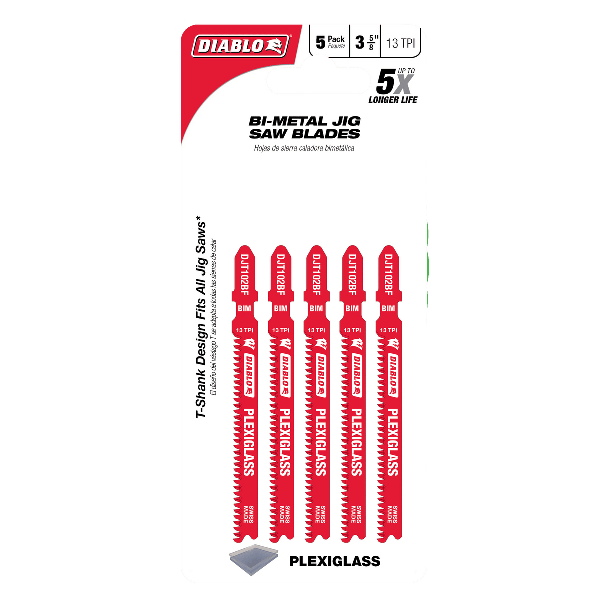 DIABLO DJT102BF5 3 - 5/8" 13TPI Bi - Metal Jig Saw Blades for Plexiglass (5 - pk) - Mississauga Hardware Centre Inc