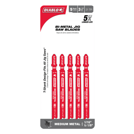 DIABLO DJT121AF5 3 - 5/8" 21TPI Bi - Metal Jig Saw Blades for Medium Metal (5 - pk) - Mississauga Hardware Centre Inc