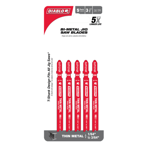 DIABLO DJT121GF5 3 - 5/8" 30TPI Bi - Metal Jig Saw Blades for Thin Metal (5 - pk) - Mississauga Hardware Centre Inc