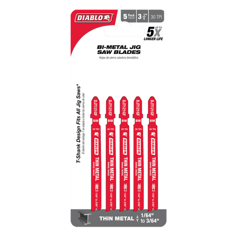 DIABLO DJT121GF5 3 - 5/8" 30TPI Bi - Metal Jig Saw Blades for Thin Metal (5 - pk) - Mississauga Hardware Centre Inc