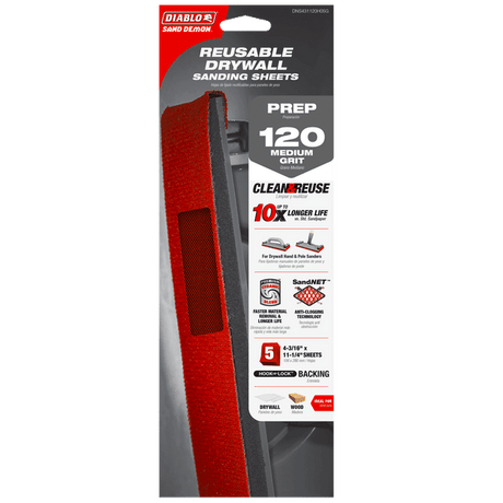 DIABLO DNS431120H05G 4 - 3/16" x 11 - 1/4" Sand Demon™ 120 - Grit Reusable Sanding Sheets for Drywall (5 - pk) - Mississauga Hardware Centre Inc
