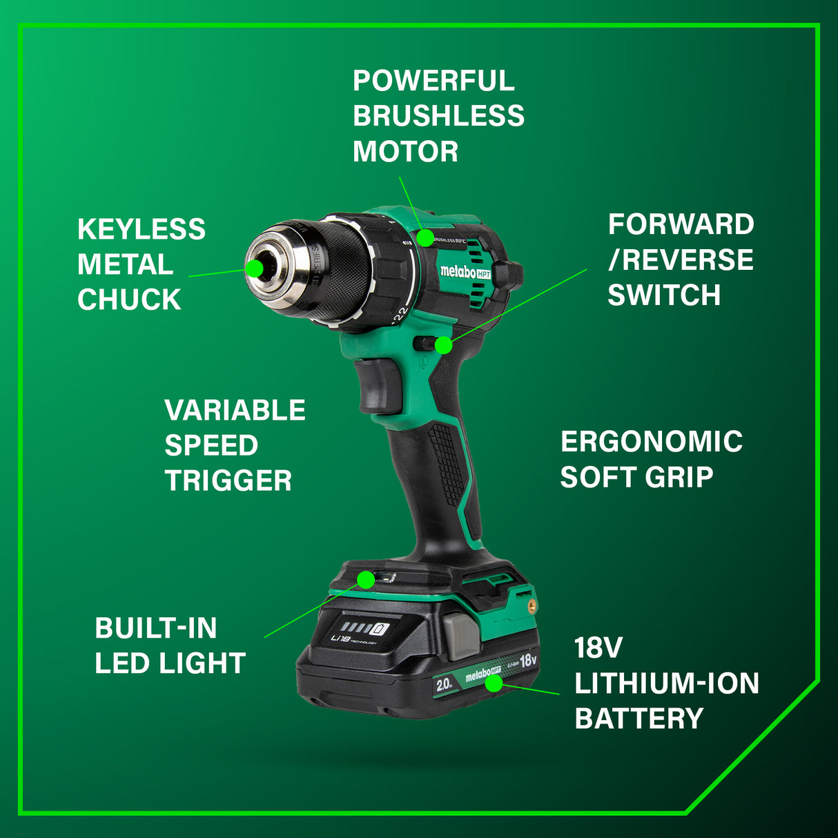 metabo HPT DS18DEXM 18V MultiVolt™ 1/2" Cordless Brushless Driver Drill Kit