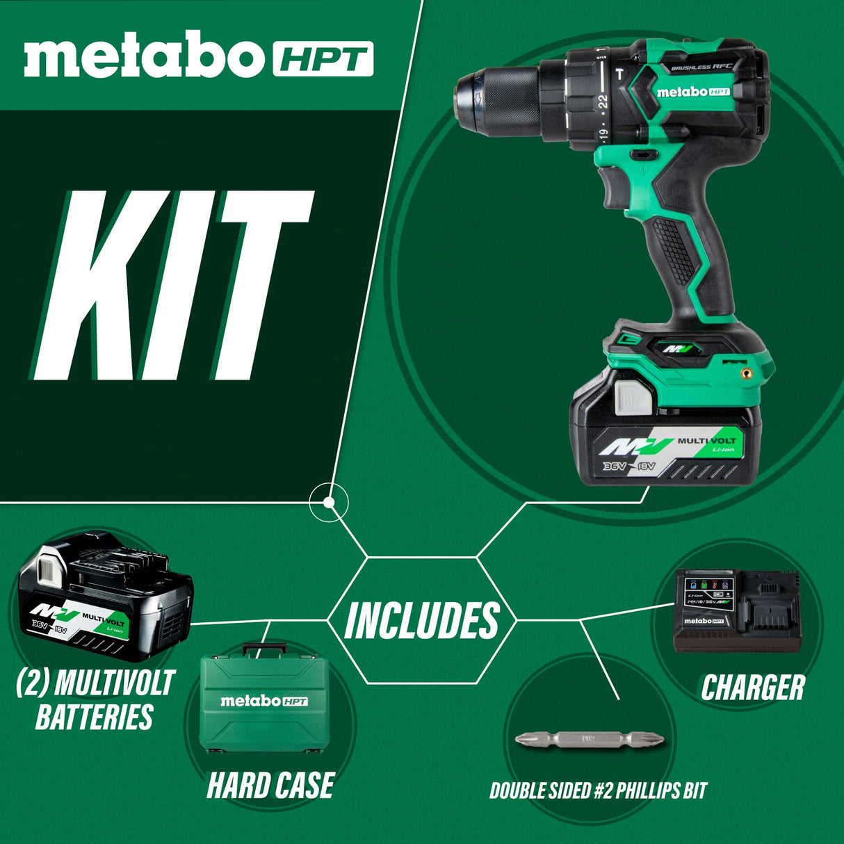 metabo HPT DV36DCM 36V MULTIVOLT™ CORDLESS BRUSHLESS 1/2" HAMMER DRILL KIT