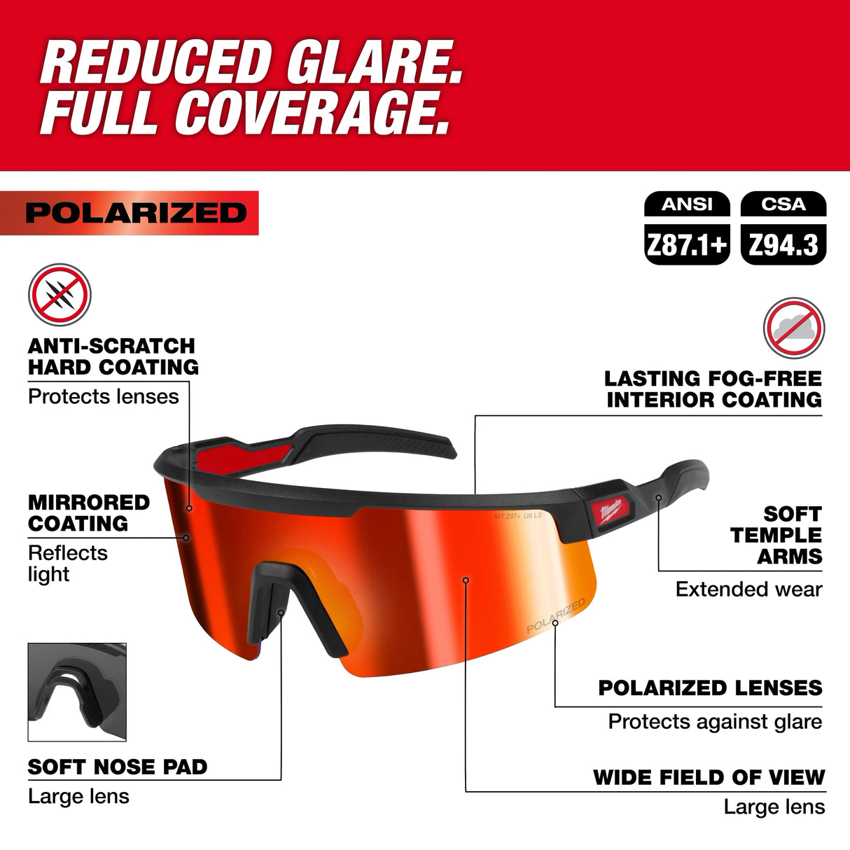 Milwaukee 48-73-2501 Polarized Wrap Around Safety Glasses - Red Mirrored Dual Coat Lenses