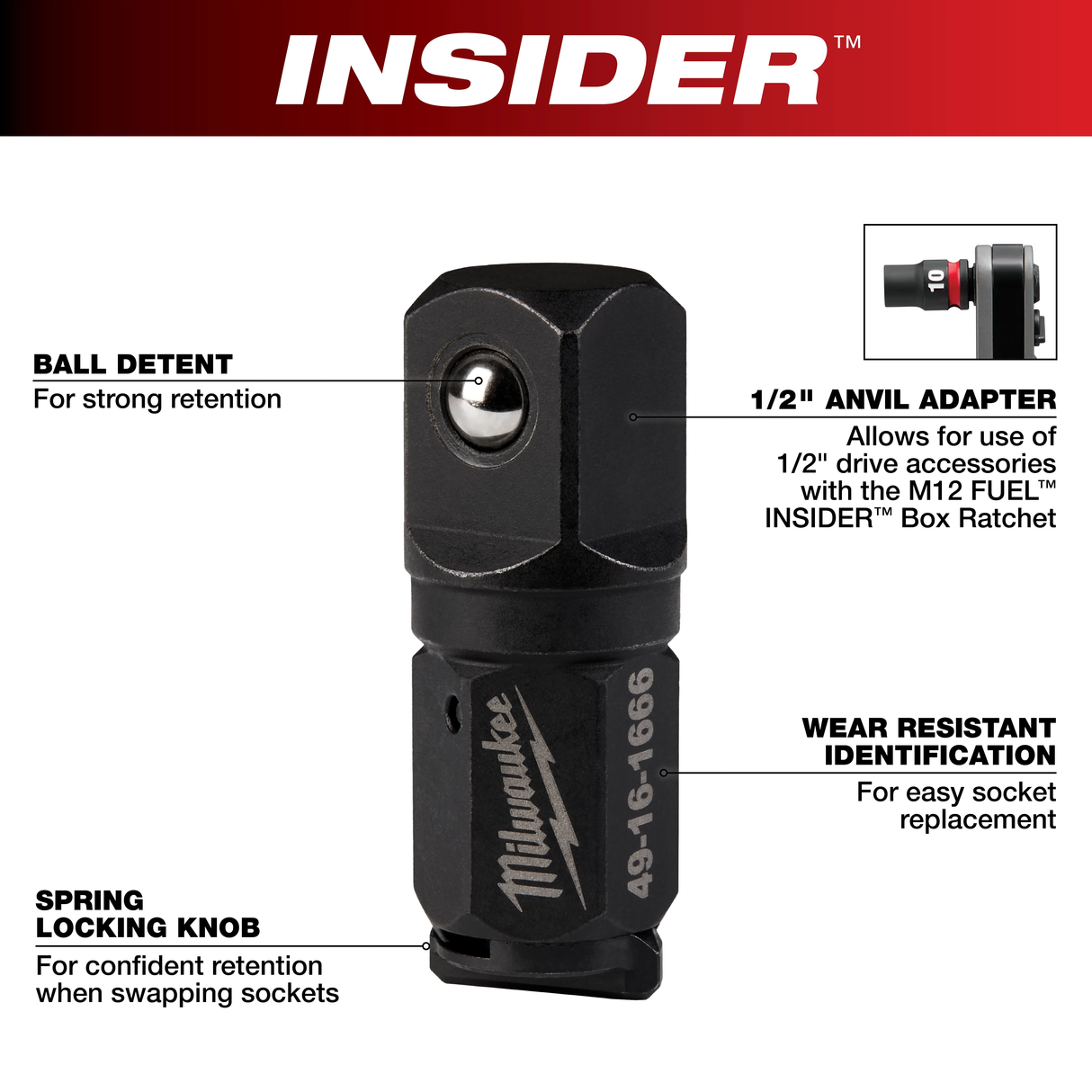 Milwaukee 49-16-1666 INSIDER™ Box Ratchet 1/2" Anvil Adapter