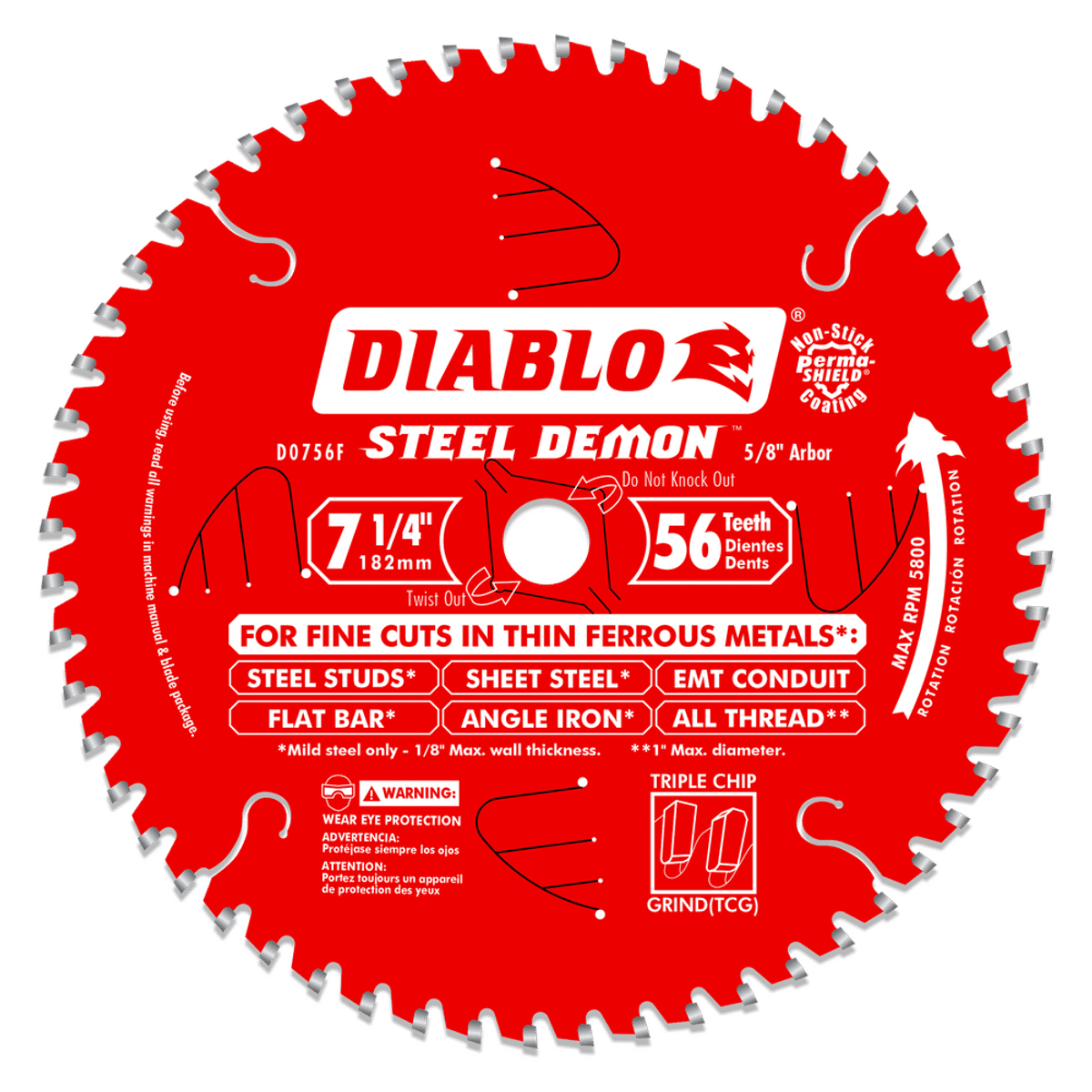 Diablo D0756F 7-1/4" x 56-Teeth Steel Demon™ Carbide Saw Blade for Thin Metal