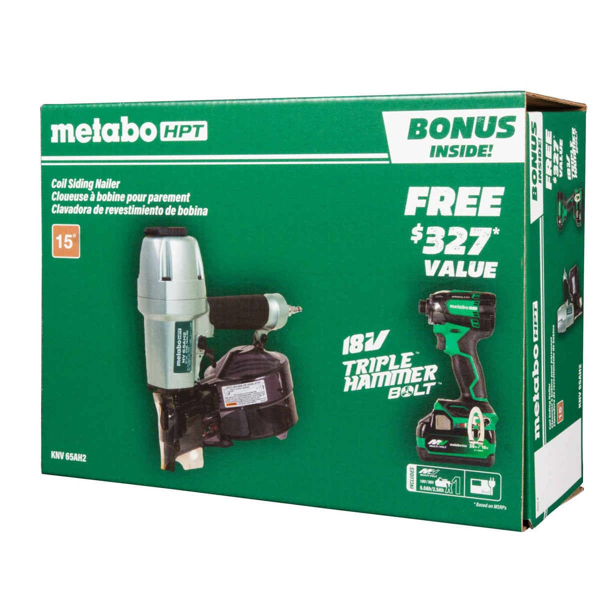 metabo HPT KNV65AH2M 2-1/2 Inch Coil Siding Nailer with BONUS Impact Driver Kit