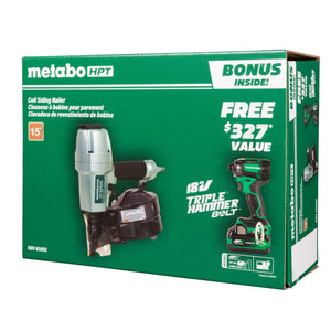 metabo HPT KNV65AH2M 2-1/2 Inch Coil Siding Nailer with BONUS Impact Driver Kit