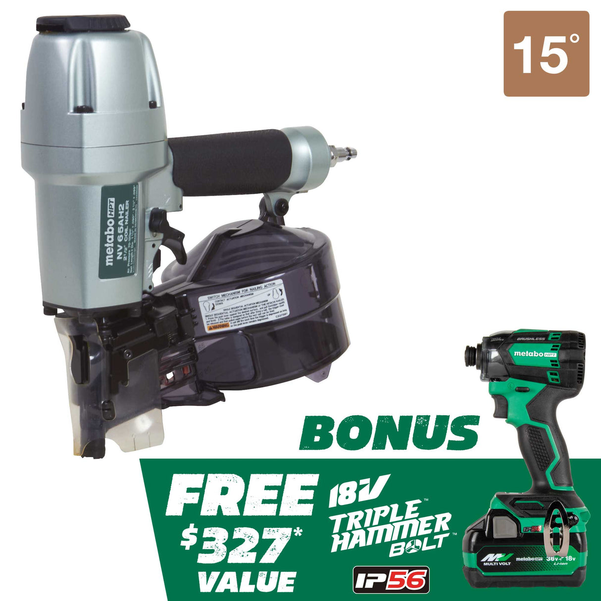 metabo HPT KNV65AH2M 2-1/2 Inch Coil Siding Nailer with BONUS Impact Driver Kit