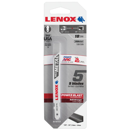 LENOX 1991599 Power Arc® Curved Metal Cutting Jig Saw Blade 92 x 1 0x 0.9 18TPI 5/PK - Mississauga Hardware Centre Inc