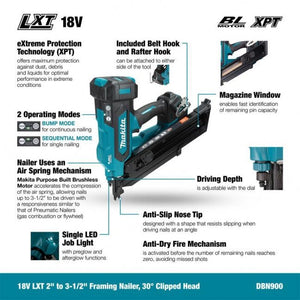 Makita DBN900ZK 18V LXT® Lithium‑Ion Cordless 30º Clipped Head 3‑1/2" Framing Nailer, Tool Only - Mississauga Hardware Centre Inc