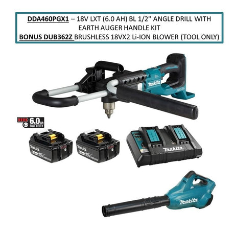 Makita DDA460PGX1 18V LXT (6.0 Ah) BL 1/2in Angle Drill with Earth Auger Handle Kit - Mississauga Hardware Centre Inc