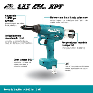 Makita DRV250Z 18V LXT Brushless Rivet Gun, Dia. 3/16" - 1/4", Tool Only - Mississauga Hardware Centre Inc
