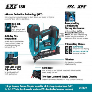 Makita DST630Z 18V LXT Brushless 1 - 1/2" 18 ga Narrow Crown Stapler - Tool Only - Mississauga Hardware Centre Inc