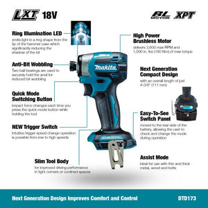 Makita DTD173Z 18V LXT Brushless 1/4" Impact Driver - Tool Only - Mississauga Hardware Centre Inc