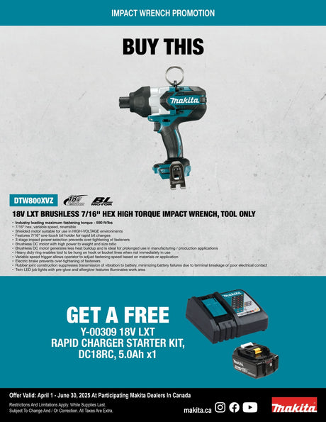 Makita DTW80OXVZ 18V LXT Brushless 7/16" Hex High Torque Impact Wrench, Tool Only - Mississauga Hardware Centre Inc