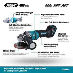 Makita GA050GZ 40Vmax XGT Brushless 5" Angle Grinder w/Paddle Switch - Tool Only - Mississauga Hardware Centre Inc