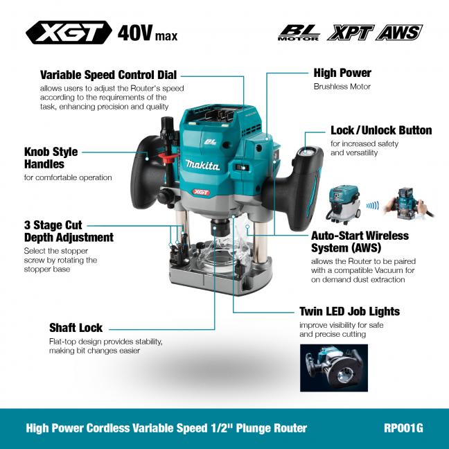 Makita RP001GZ01 40Vmax XGT Brushless Plunge Router - Mississauga Hardware Centre Inc