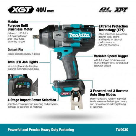 Makita TW003GZ 40Vmax XGT Brushless 1/2" High Torque Impact Wrench, Tool Only - Mississauga Hardware Centre Inc