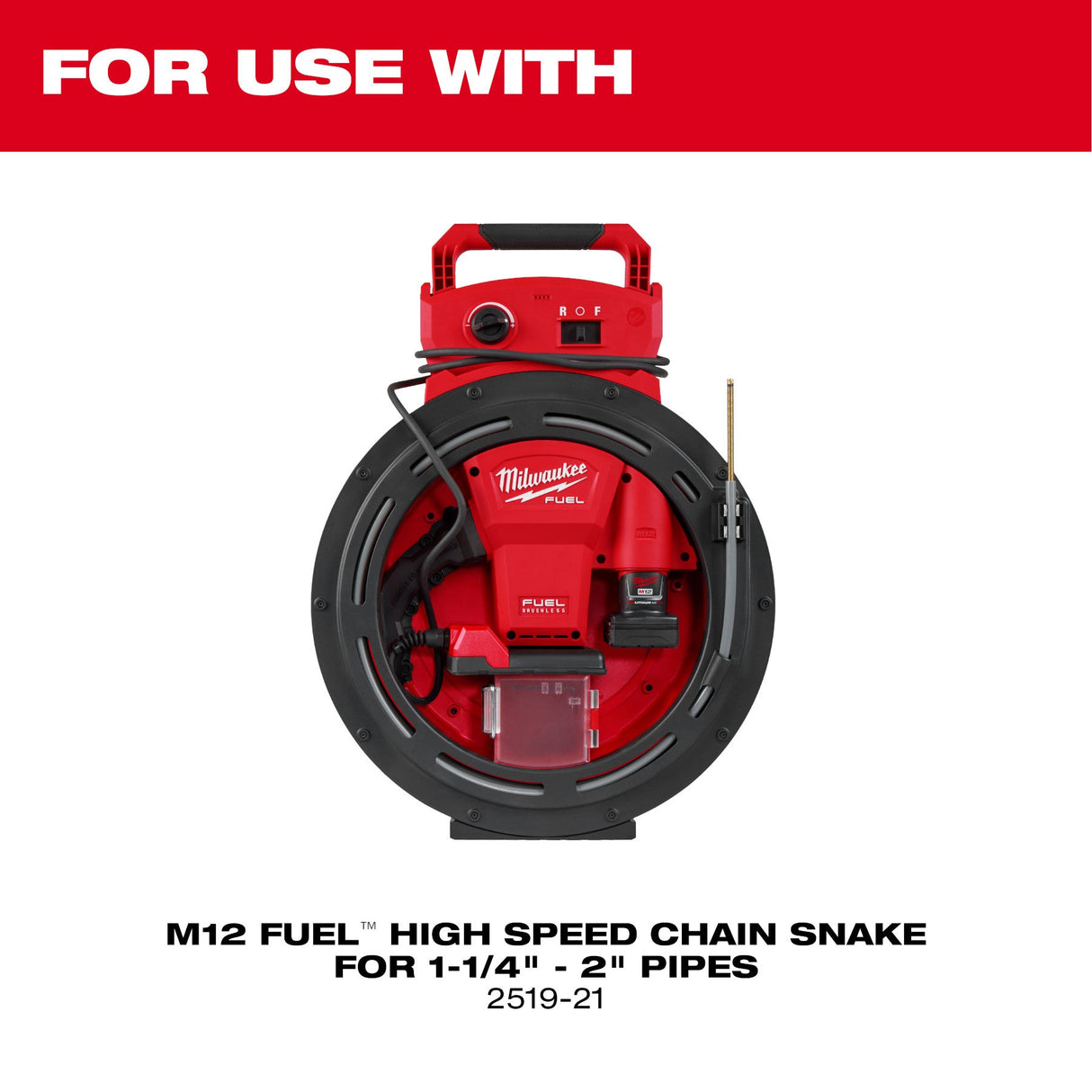 Milwaukee 2519 - 21 M12 FUEL™ High Speed Chain Snake for 1 - 1/4” - 2” Pipes - Mississauga Hardware Centre Inc