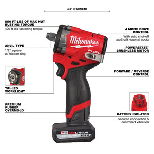 Milwaukee 2563 - 22 M12 FUEL™ Stubby 1/2" Impact Wrench Kit - Mississauga Hardware Centre Inc