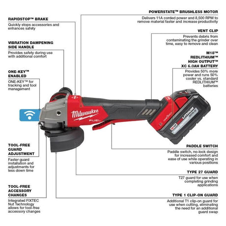 Milwaukee 2882 - 22 M18 FUEL 4 - 1/2n / 5in Braking Grinder w/ ONE - KEY Paddle Switch, No Lock - Mississauga Hardware Centre Inc