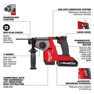 Milwaukee 2908 - 22DE M18 FUEL™ 5/8" SDS Plus Rotary Hammer w/ Dust Extractor Kit - Mississauga Hardware Centre Inc