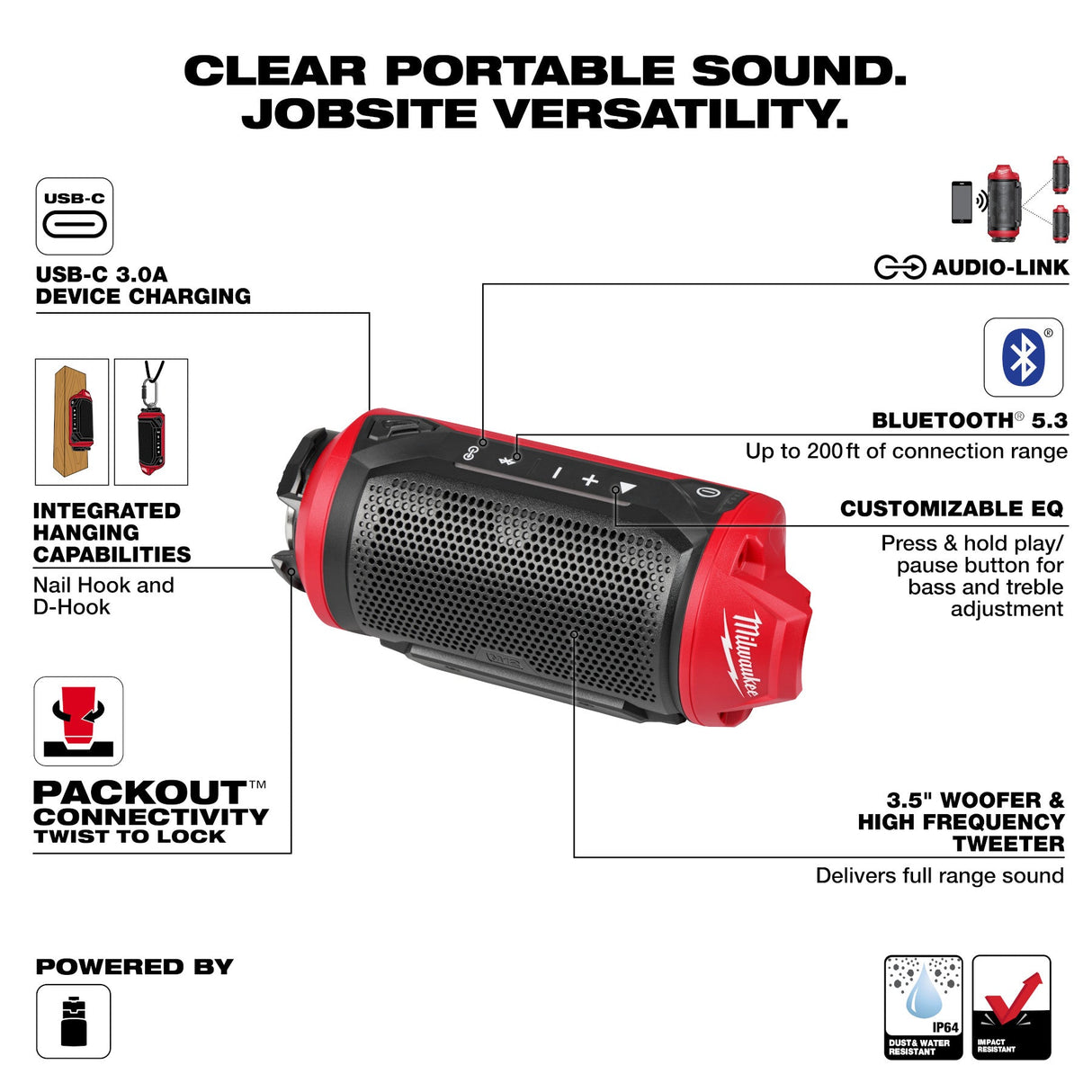 Milwaukee 2955 - 20 M12™ Bluetooth® Jobsite Speaker w/ PACKOUT™ Compatibility - Mississauga Hardware Centre Inc
