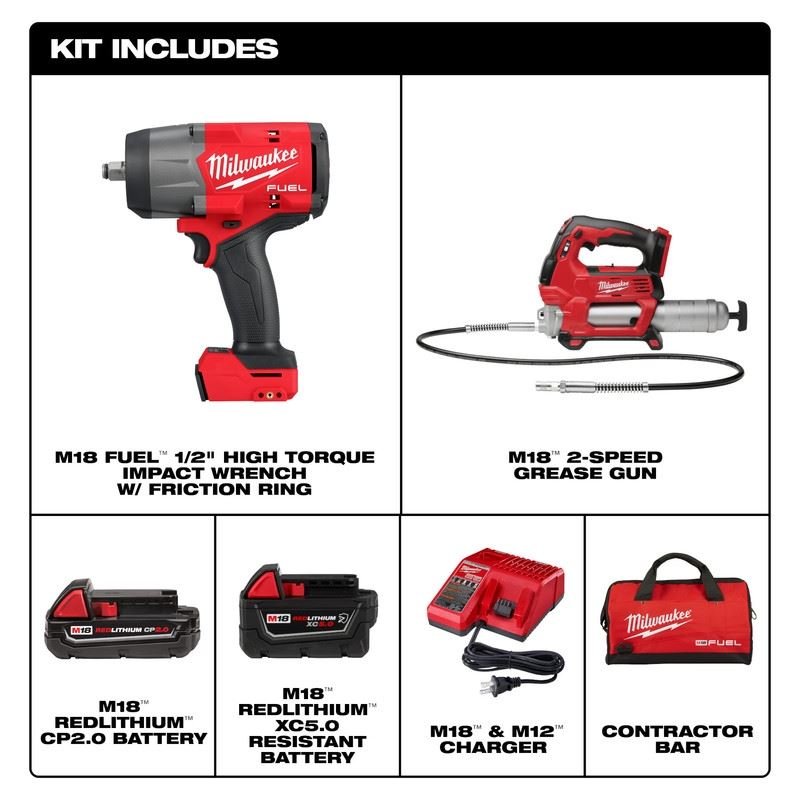 Milwaukee 2967 - 22GG M18 FUEL 1/2in HTIW w/ Friction Ring and Grease Gun Combo Kit - Mississauga Hardware Centre Inc