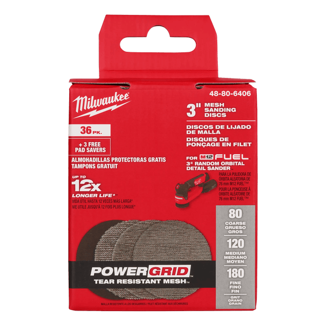 Milwaukee 3” Assorted 80, 120, 180 Grit Mesh Sanding Discs with POWERGRID™ Tear Resistant Mesh – 36 pk + 3 Pad Savers - Mississauga Hardware Centre Inc