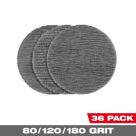 Milwaukee 3” Assorted 80, 120, 180 Grit Mesh Sanding Discs with POWERGRID™ Tear Resistant Mesh – 36 pk + 3 Pad Savers - Mississauga Hardware Centre Inc