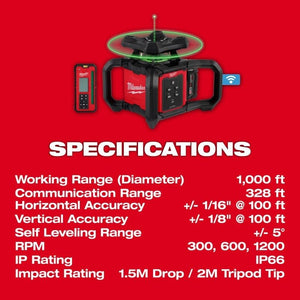 Milwaukee 3702 - 21 M18 Green Interior Rotary Laser Level Kit w/ Remote/Receiver and Wall Mount Bracket - Mississauga Hardware Centre Inc
