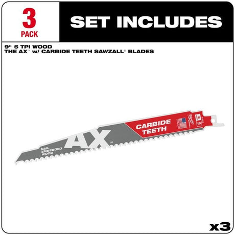 Milwaukee 48 - 00 - 5326 SAWZALL The AX with Carbide Teeth Wood Blades - 9in (3pk) - Mississauga Hardware Centre Inc