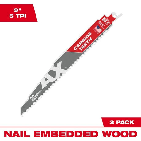 Milwaukee 48 - 00 - 5326 SAWZALL The AX with Carbide Teeth Wood Blades - 9in (3pk) - Mississauga Hardware Centre Inc