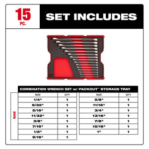 Milwaukee 48 - 22 - 0155 15pc. SAE Combination Wrench Set with Tray for PACKOUT™ Drawers - Mississauga Hardware Centre Inc