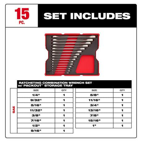 Milwaukee 48 - 22 - 0157 15pc. SAE Ratcheting Combination Wrench Set with Tray for PACKOUT™ Drawers - Mississauga Hardware Centre Inc