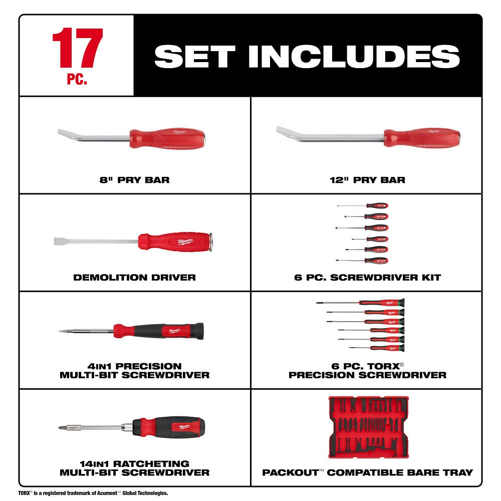 Milwaukee 48 - 22 - 0158 17pc. Screwdriver & Pry Bar Set with Tray for PACKOUT™ Drawers - Mississauga Hardware Centre Inc
