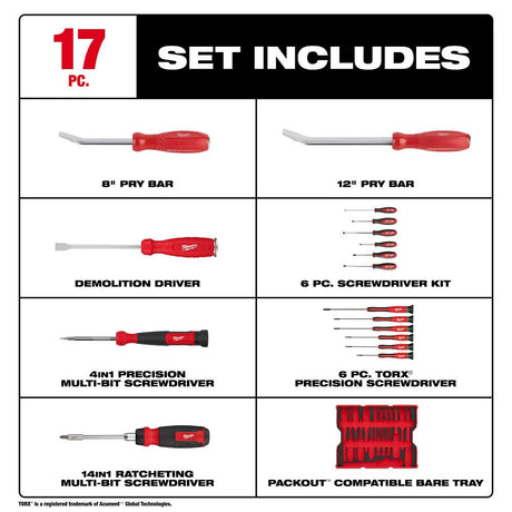 Milwaukee 48 - 22 - 0158 17pc. Screwdriver & Pry Bar Set with Tray for PACKOUT™ Drawers - Mississauga Hardware Centre Inc