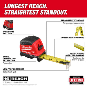 Milwaukee 48 - 22 - 1216M 16ft Wide Blade Magnetic Tape Measure - Mississauga Hardware Centre Inc