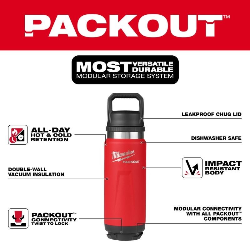 Milwaukee 48 - 22 - 8396R PACKOUT 24oz Insulated Bottle with Chug Lid - Red - Mississauga Hardware Centre Inc